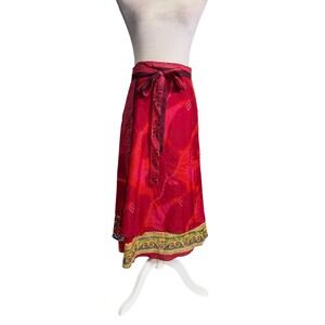 Kariza Wrap Midi Skirt Boho Paisley Border Print Red Festival Lightweight M